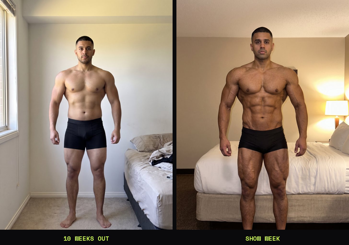 The same athlete at 10 weeks out and in show week
